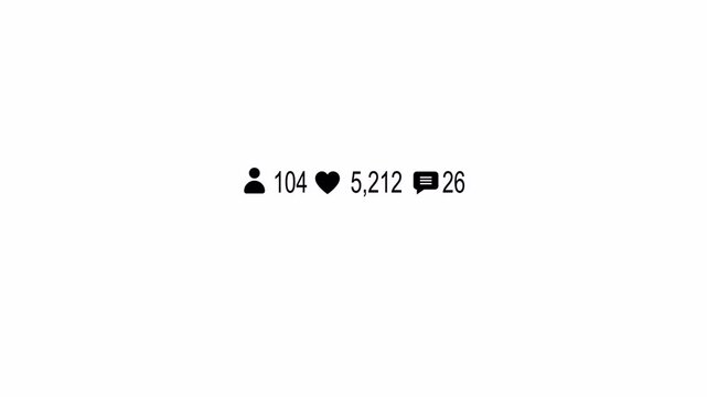  social media notification bar displaying for comments likes and followers with alpha channel, Likes heart counter from 0 to 10000 with followers 0 to 50 on a transparent background