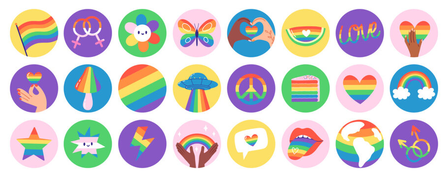 Bright set of circular stickers with rainbow symbols, hearts, flags and elements celebrating diversity and equality. Hand drawn vector illustration. 