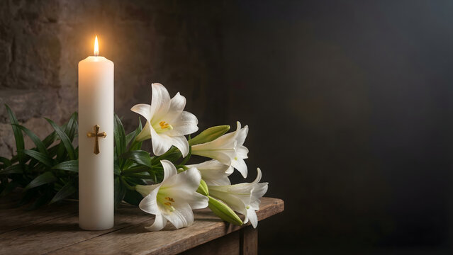 White Christian Candle with Cross and Easter Lilies