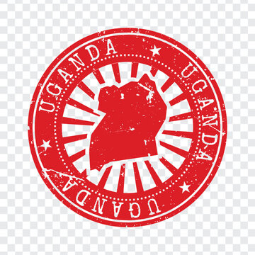 Uganda country travel postage stamp featuring red circular border with national map silhouette and rays