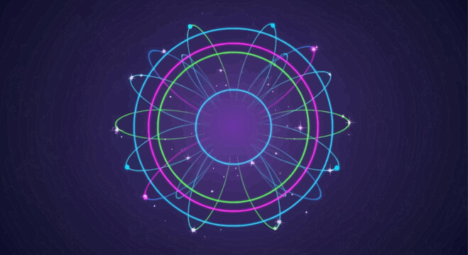 Abstract Neon Atomic Structure with Glowing Orbits
