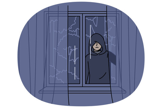 Stalker peers out of apartment window at night, causing fear due to violation of personal space. Stalker follows victim to commit crimes or find out secret information using deceptive methods.