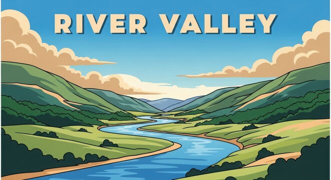 A serene river valley landscape with rolling hills and a winding river