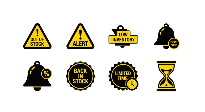 A collection of eight ecommerce stock status icons isolated on transparent background, isolated on white background, Vector