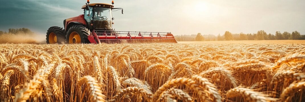 Vibrant Wheat Field Under a Clear Blue Sky with a Red Tractor Working in the Distance