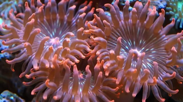 Close-up of vibrant coral polyps in an aquarium environment.