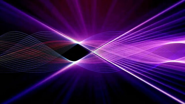 Wavy purple light beams intersecting with glowing horizontal lines to create a vibrant musical equalizer or sound wave visual.