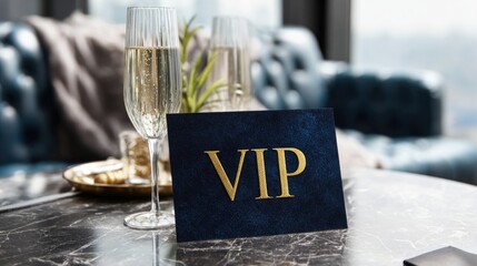 vip sign and glass champagne on a table in luxury hotel room