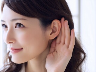 Fototapeta premium 耳を澄まして周囲の音を聞くような仕草をする笑顔が素敵な若い女性のクローズアップ