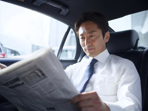 高級車の後部座席で新聞を読みながら移動するスーツ姿の誠実な印象のビジネスマン