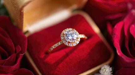 luxury engagement ring in a ring box surronded by red roses