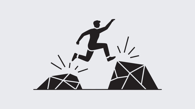 A man jumping over two mountains with a sense of accomplishment and success