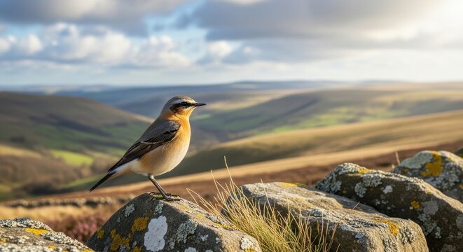 A Northern Wheatear bird perched on a rock overlooking a vast moorland.