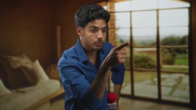 Man reporter in blue shirt pointing finger to camera with red news microphone, right hand out and left hand on hip in studio; assertive reporting.