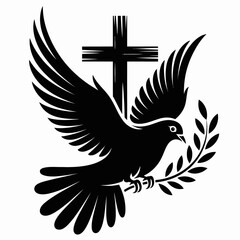 Fototapeta premium A sign of peace is portrayed as a dove carrying an olive branch, placed in front of a cross.