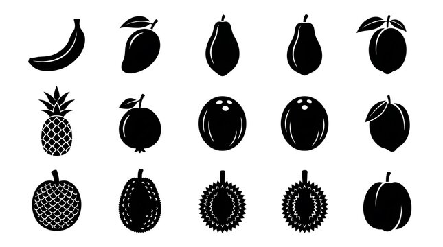 Variety of fruit icons black.