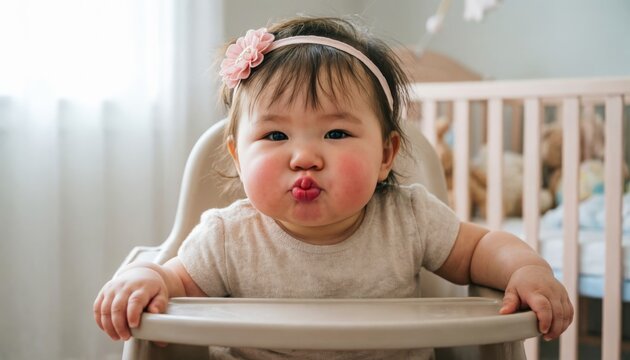 Sweet baby girl with adorable cheeks pouting playfully in high chair