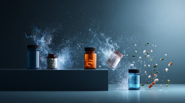 Medical vials and blue capsules with powder exploding in dark dramatic laboratory science and health concept image
