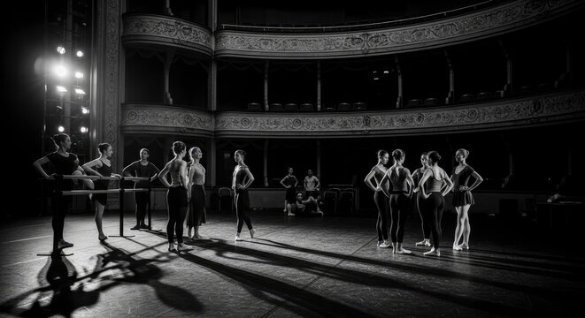 Group of dancers practices ballet movements in a historic theater space during rehearsal
