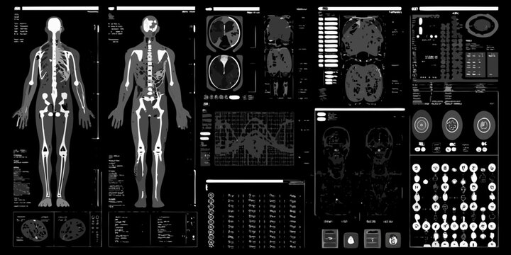 Full body scan displays anatomical structures and medical imaging data