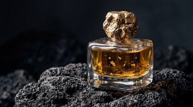 Premium Golden Perfume Product Photography on Volcanic Stone