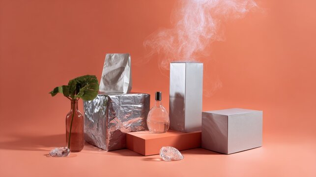 Smoke and silver geometric blocks on orange background for futuristic design, creative modern art and abstract visual product image