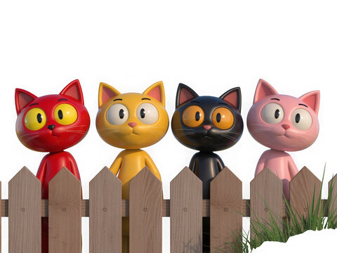 Four cartoon cats peeking over a wooden fence isolated on transparent background