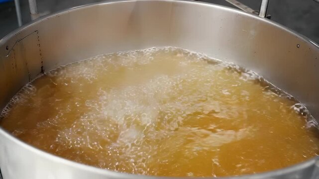 Boiling sugar syrup inside stainless tank with steady bubbling surface, controlled heating environment showing purification phase in refinery production cycle. Sugar refining concept