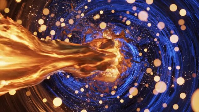 An abstract image depicts a swirling blue vortex with a stream of orange flames and glowing particles.