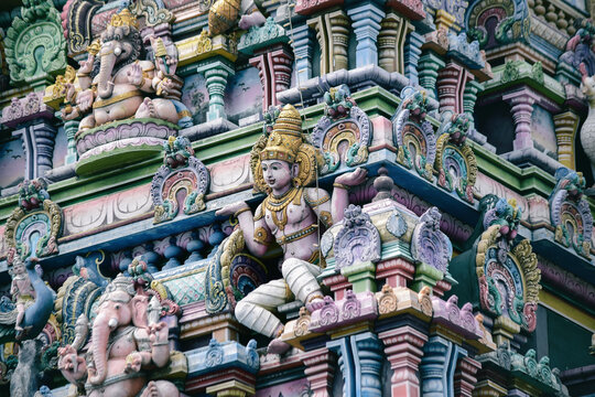 Colorful sculptures of Hindu Temple in the Victoria city, Mahe island, Seychelles. Religious statues of Hinduism.