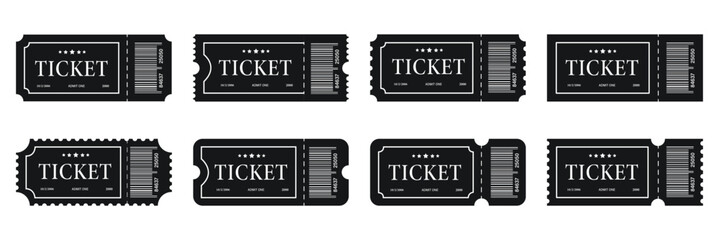 Fototapeta premium Movie Ticket Icon Set Cinema Admission Pass Stub Film Reel Coupon Perforated Tear Line Vector. Set of ticket icons. Film Ticket Icons Set Cinema Pass Voucher Stub