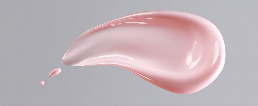 Luxurious silky serum cosmetic gel in soft pink oozes over sleek light gray surface.