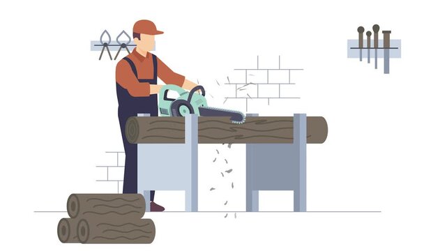 chainsaw operator cutting timber from middle animation, Sawmill scene log resting on sawhorses, Wood chips, sawdust flying animated video, carpenters clip, woodworker footage, tradesperson motion