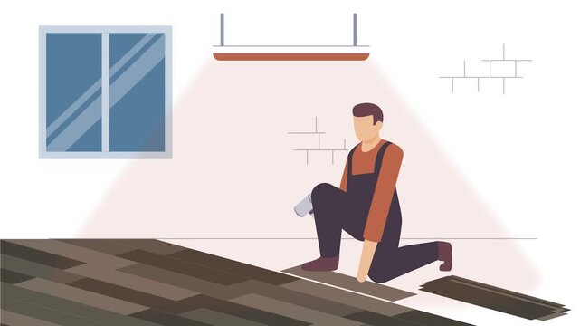 Flooring installer finishing wooden floor on top animation, Joister installing base wood tiles animated video, carpenters clip, woodworker footage, tradesperson and craftsmen motion graphics