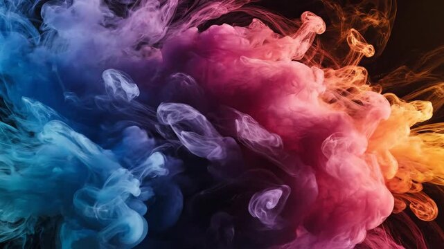 Vibrant colorful smoke explosion fills dark room with abstract shapes and swirling patterns