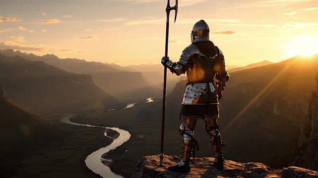 Knight in Shining Armor Standing on a Cliff Overlooking Valley
