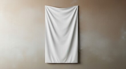 Fototapeta premium A white sheet of fabric hanging on a beige wall with soft folds and creases.