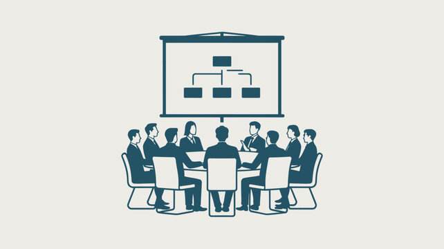 A group of business professionals sitting around a table in a meeting with a flowchart presentation on the screen
