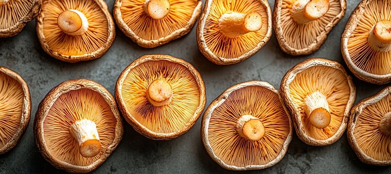 Dehydrated Full Frame Mushroom Caps of Lentinus Edodes, Edible Sliced Fungi with Rich Textures