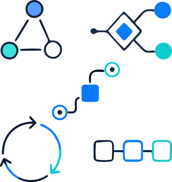 System Logic Flow and Network Topology Icon Set for Technical Documentation UI. Optimized for software architecture diagrams, system documentation, and backend workflow visualization