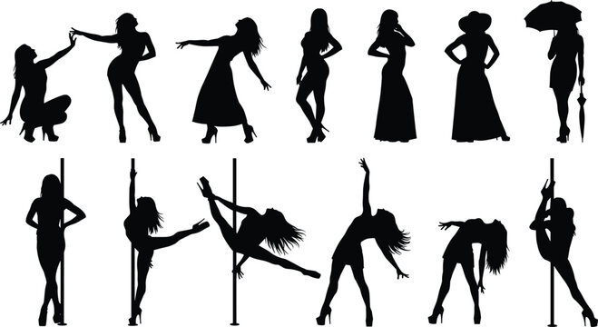 Collection of female silhouettes in elegant and dynamic poses including dancing, fashion, and pole dance, representing femininity, style, performance, movement, and artistic expression