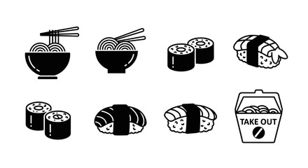 Set of Japanese Cuisine Icons Including Ramen, Sushi, and Take Out Box, isolated white background. © Wida