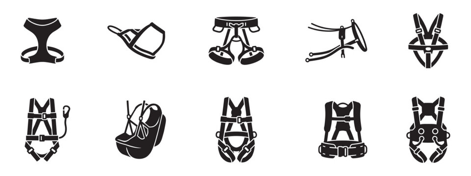 Industrial safety harness and climbing equipment icon set. Vector Illustration.	
