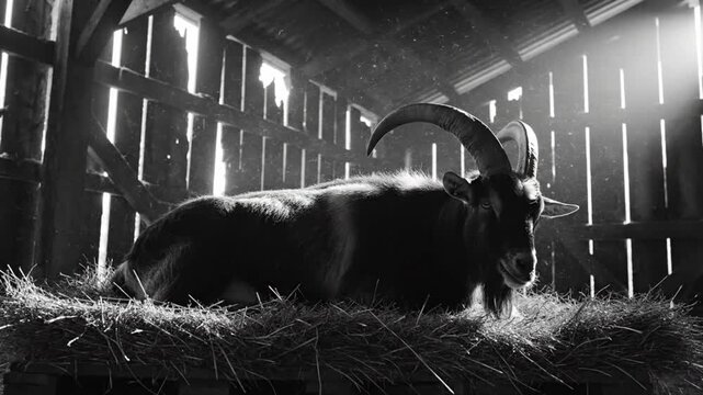 Black and white shot of a majestic goat resting peacefully in a rustic wooden barn with sunlight streaming through