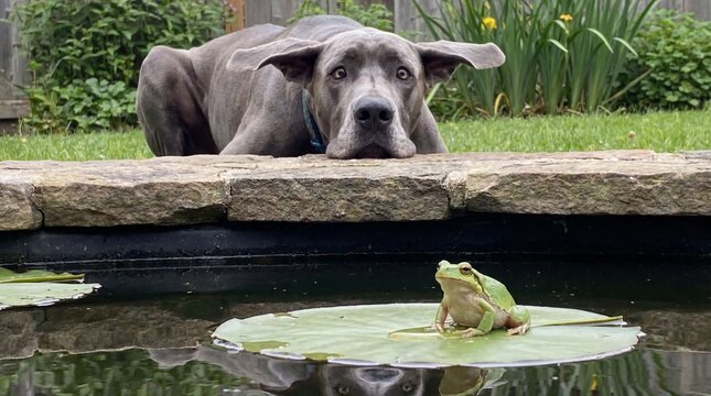 A gentle giant Great Dane dog intently observes a tiny green frog perched calmly on a lily pad.