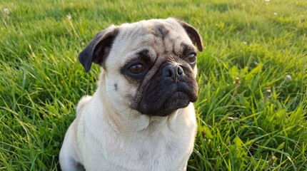 Obraz premium Adorable fawn pug dog sitting peacefully in vibrant green grass with a tiny seed on its nose.