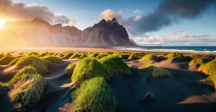 Incredible coastal landscape showcasing verdant grassy dunes at sunset. Location place Vestrahorn cape (Batman Mount), Iceland, Europe.