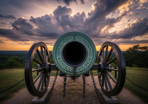 Historic wagon wheel under dramatic sunset skies with vintage branding.