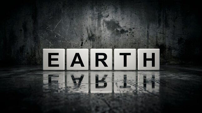 Word earth spelled with cube blocks on reflective concrete surface with grunge wall background.