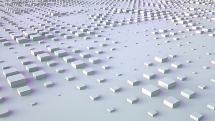 Fototapeta premium Abstract background with 3d rendering with array cubes exchanging size. Random scale of elements with color reflections. Light corporate background.